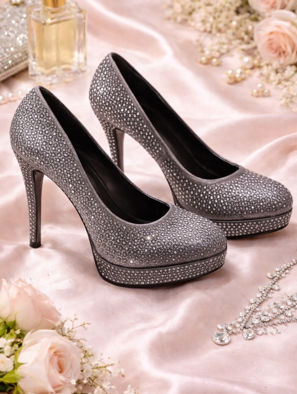 Le Chateau Sparkly Platform Heels Pewter Rhinestone Pumps Size 8 Party Prom